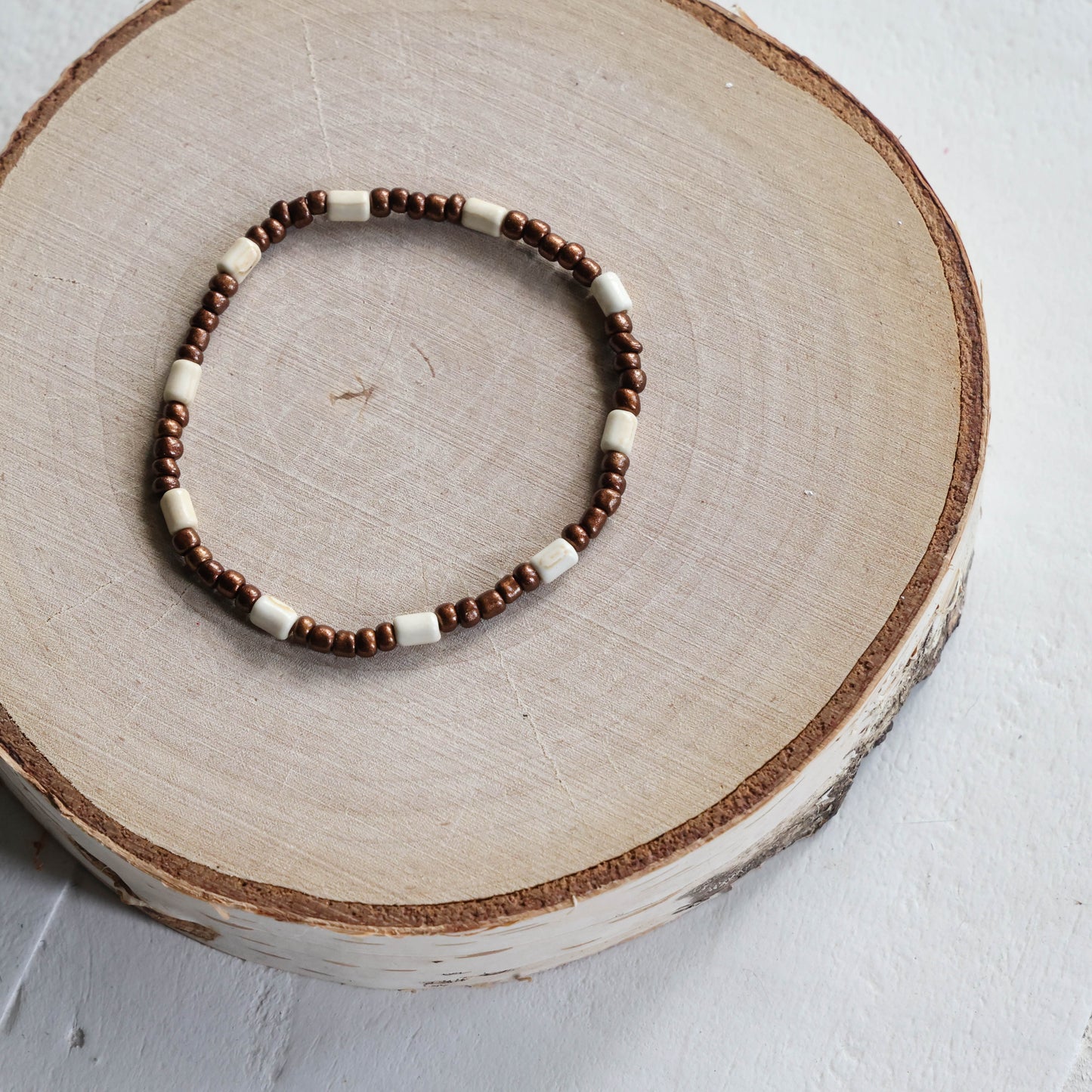 Brown and White Beaded Bracelet