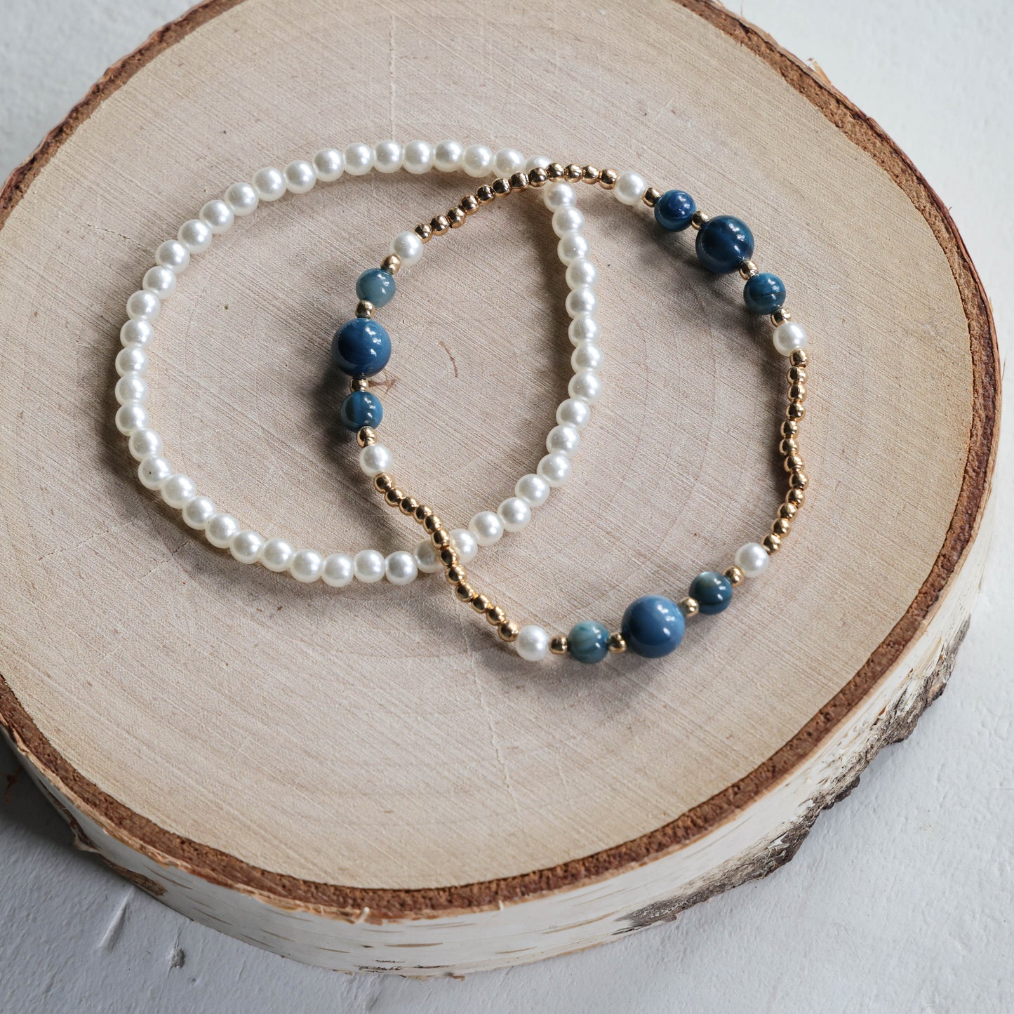 Paired Pearl and Blue Marble Bracelets