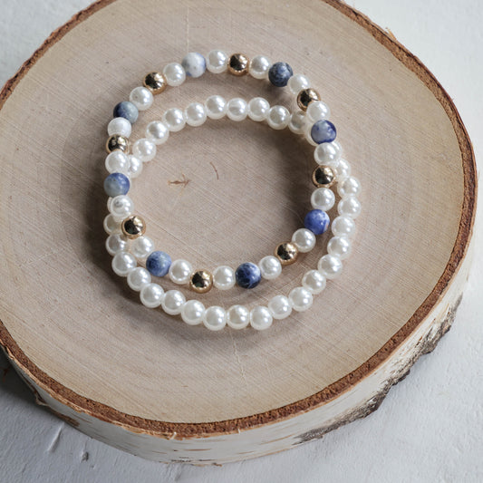 Paired Pearl, Blue Marble, and Gold Bracelets
