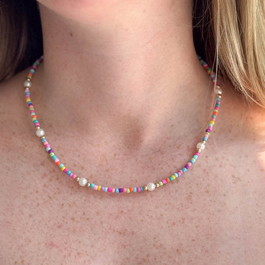 Multi Color Beaded Necklace with Gold and Pearls