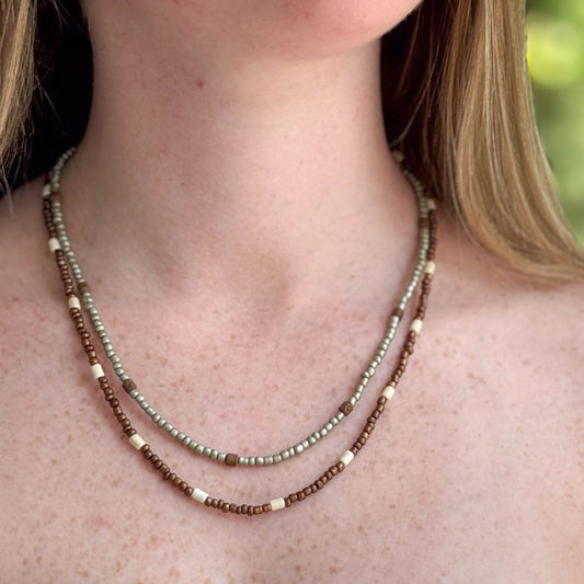Wood, Bronze, and Sage Layered Necklace