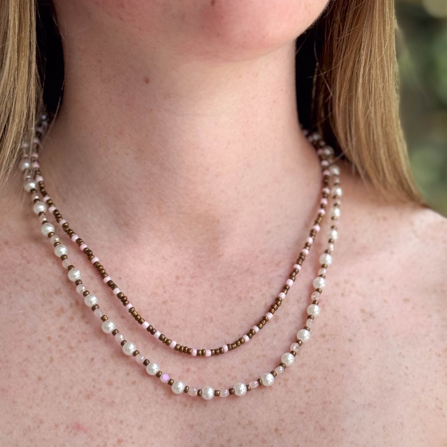 Pearl, Pink, and Bronze Layered Necklace