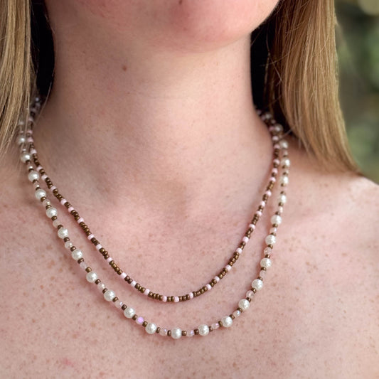 Pearl, Pink, and Bronze Layered Necklace