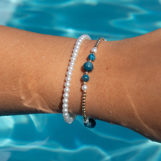 Paired Pearl and Blue Marble Bracelets